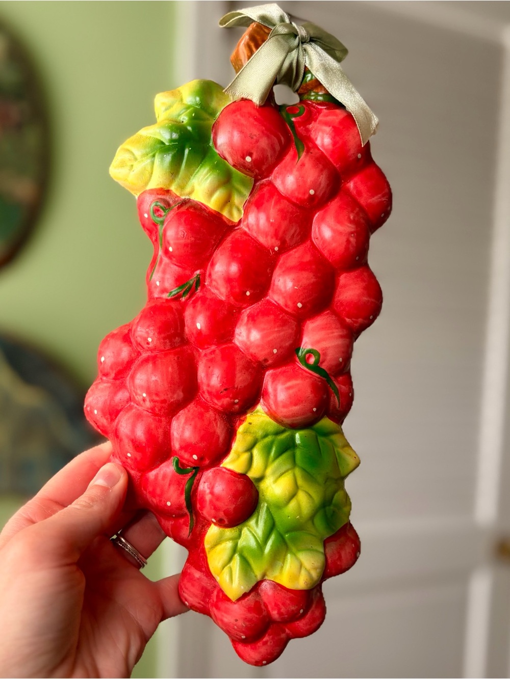 Vintage Rustic Ceramic Red Cherry Cluster Wall Hanging with Green Leaves